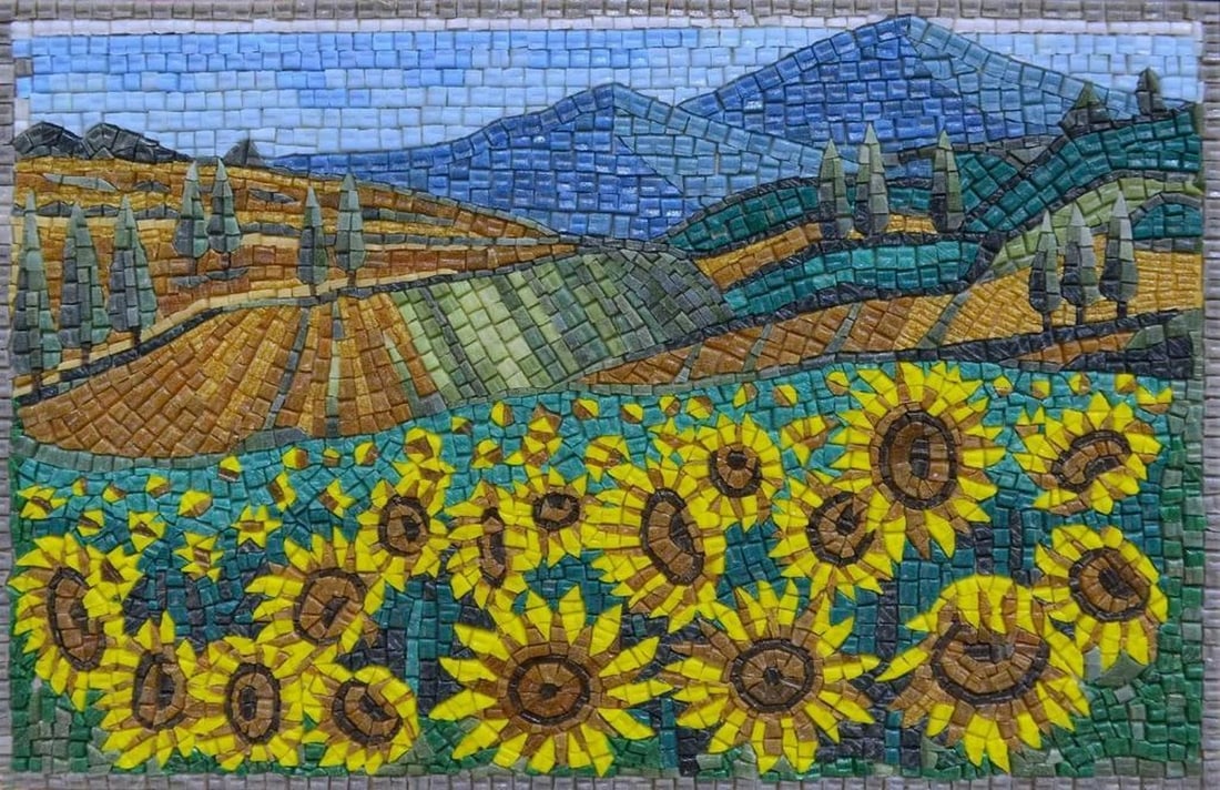 Sunflower Field Mosaic - Van Gogh Reproduction: Sunflower Field Mosaic - Van Gogh Reproduction A handcrafted glass mosaic inspired by Van Gogh’s Sunflower Field, featuring carefully arranged tiles that replicate the textures and colors of the ori