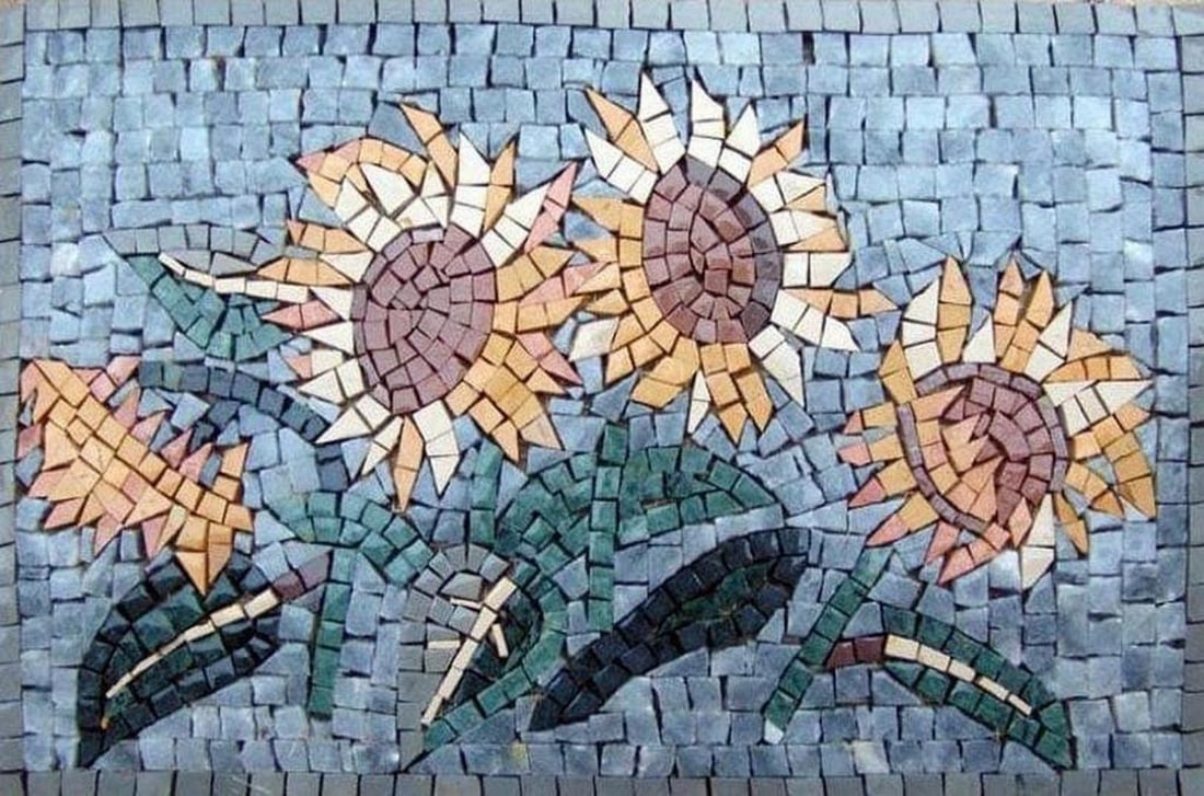 Sunflowers Mosaic Wall Art: Sunflowers Mosaic Wall Art A handcrafted mosaic made from natural stone, featuring a sunflower design. The piece highlights carefully arranged tiles that create a textured and visually engaging surfac