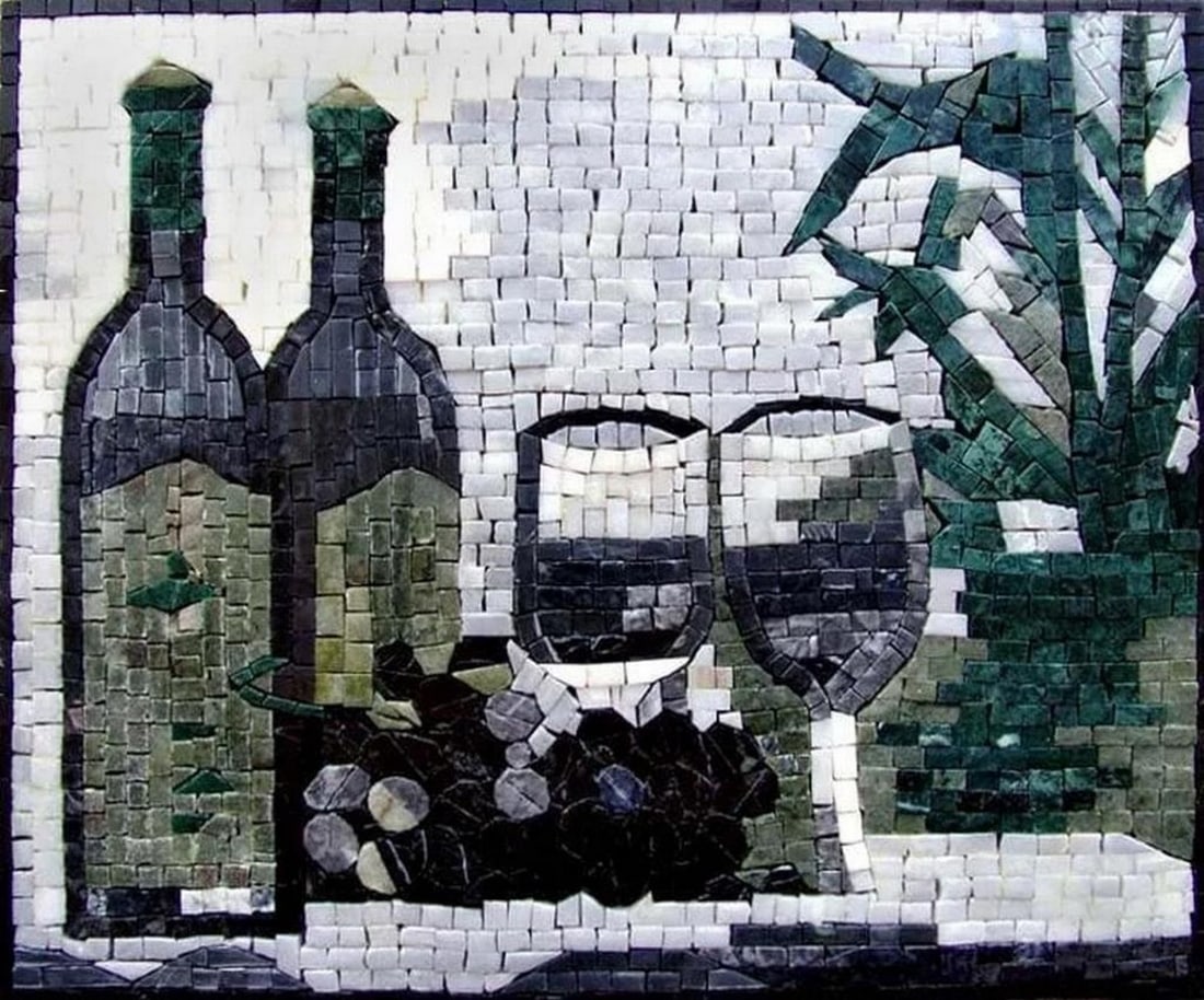 Wine Night Mosaic Art: Wine Night Mosaic Art A handcrafted mosaic made from natural stone, featuring a wine-themed design. The piece captures the essence of a relaxing evening, with carefully arranged tiles creating a detai