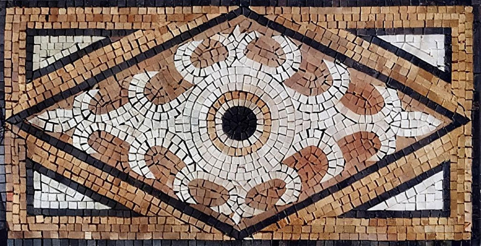 Brescia Decorative Mosaic Floor Tile: Brescia Decorative Mosaic Floor Tile A handcrafted natural stone mosaic tile featuring a diamond-shaped center and a geometric pattern. The piece highlights warm, earthy tones and detailed textures, c