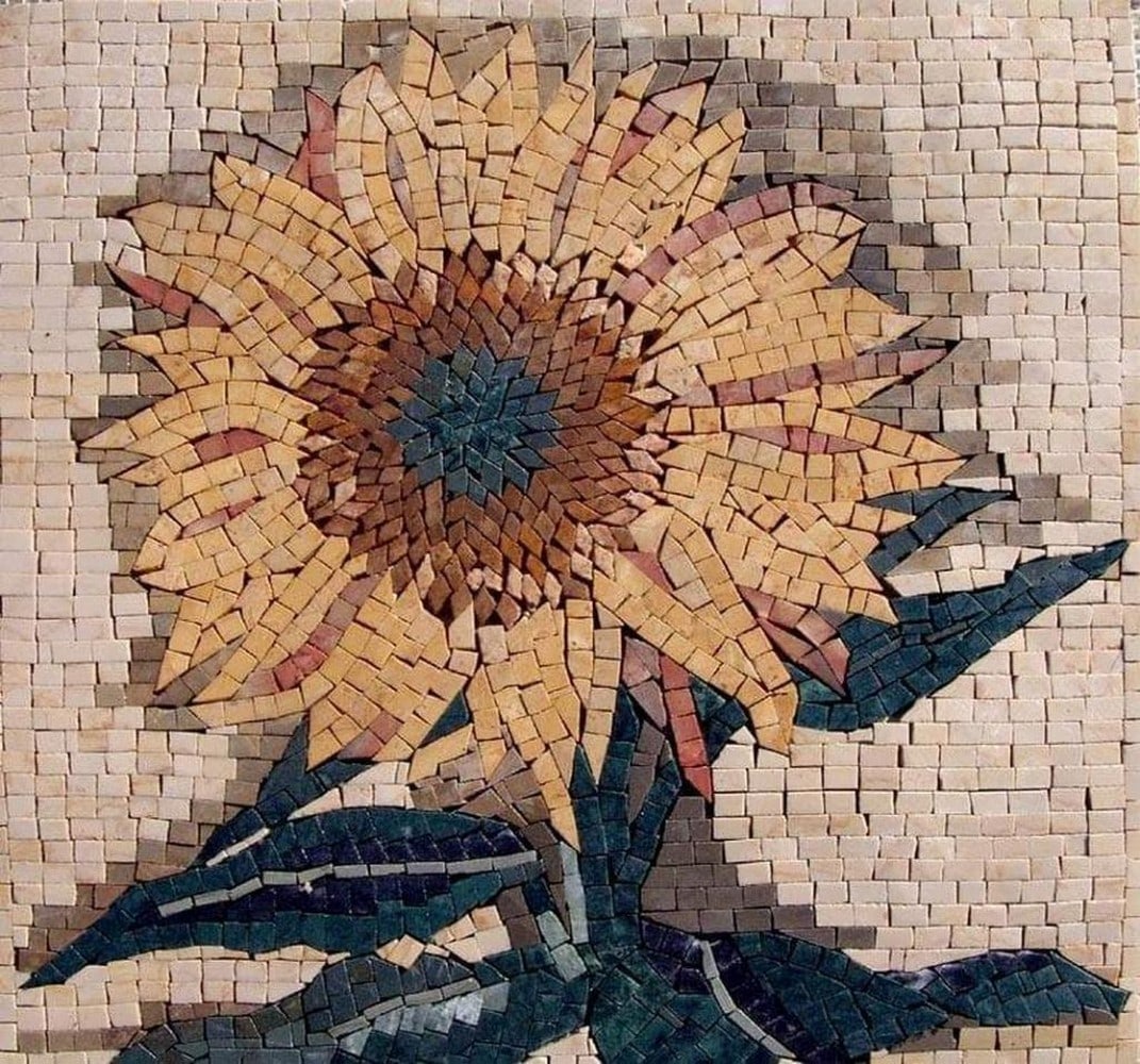 Sunflower Accent Mosaic Tile Art: Sunflower Accent Mosaic Tile Art A handcrafted mosaic design made from natural stone. The piece features a sunflower-inspired motif created by carefully cutting and arranging individual stone tiles, r