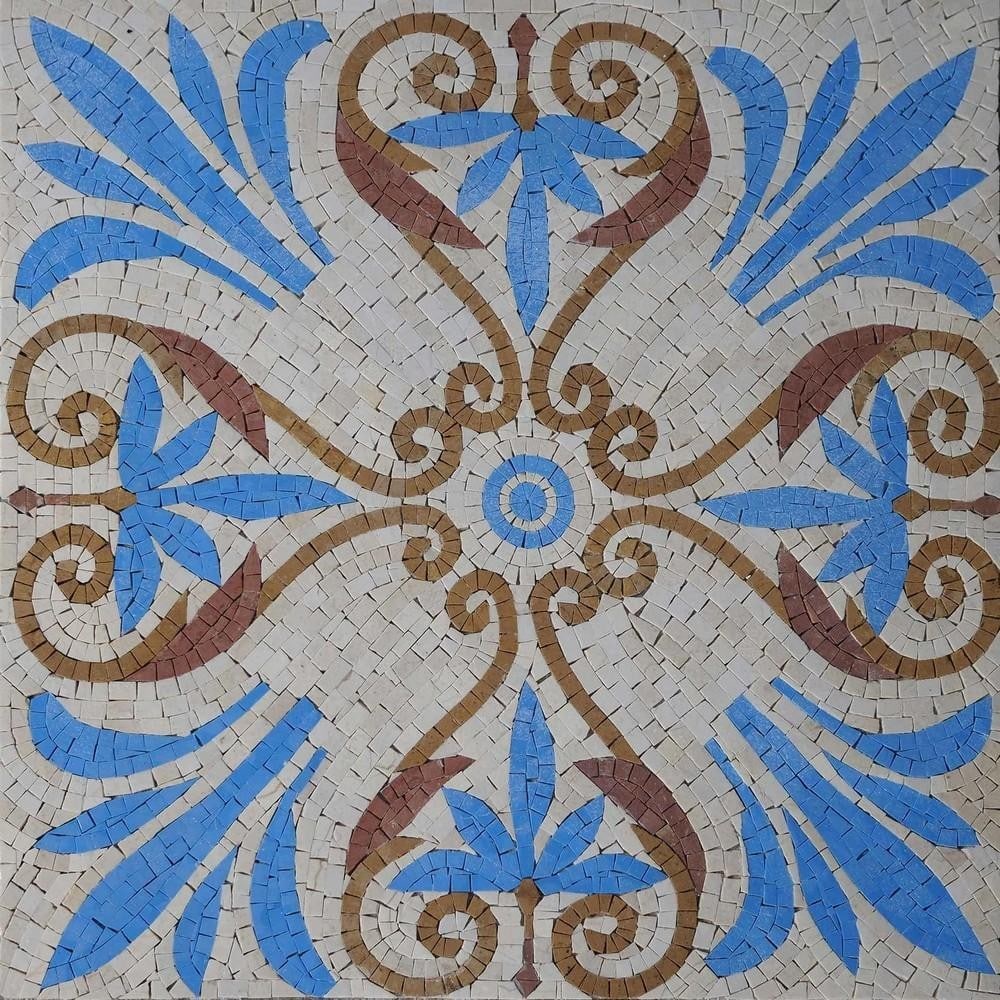 Spiritual Flower Mosaic Tile: Spiritual Flower Mosaic Tile A handcrafted mosaic design made from natural stone. The piece features a flower-inspired motif created by carefully cutting and arranging individual stone tiles, resultin