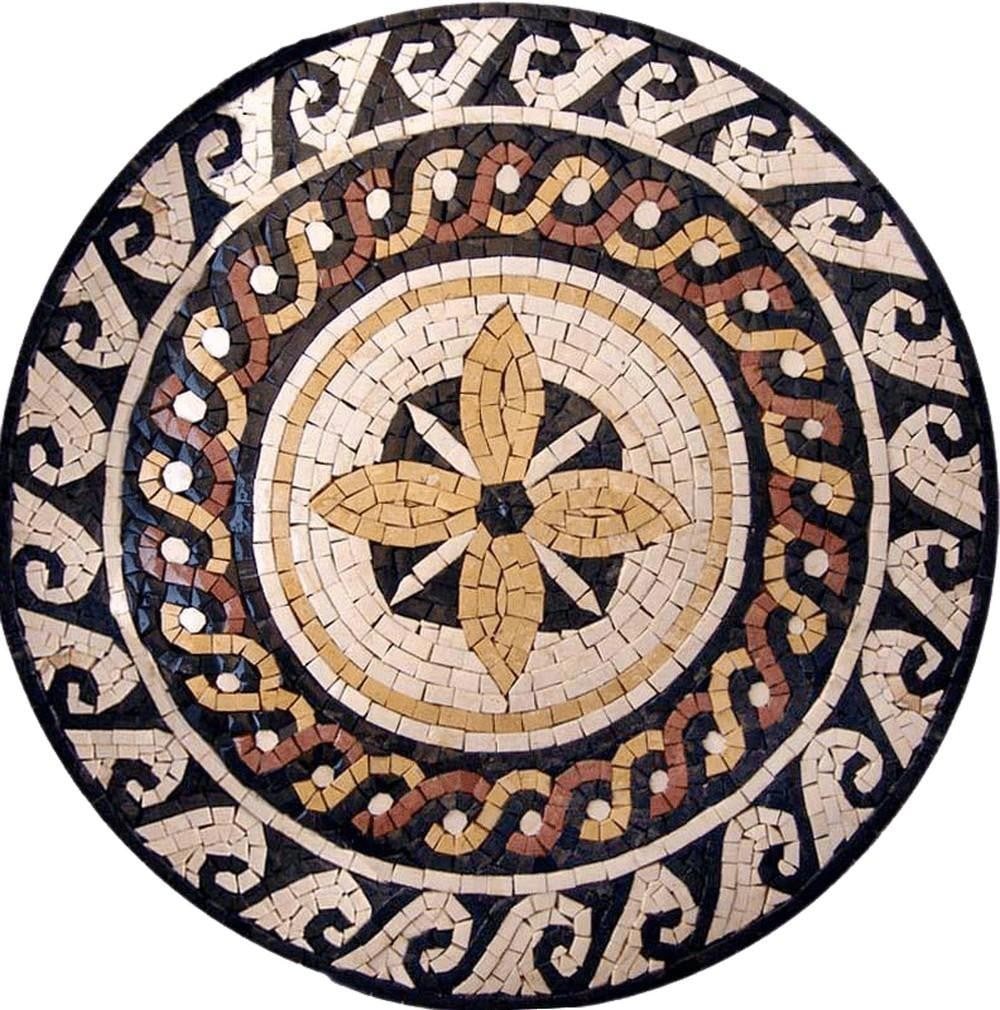 Mykonos Decorative Tile Mosaic: Mykonos Decorative Tile Mosaic A handcrafted mosaic design made from natural stone. The piece features a geometric and decorative pattern inspired by Mykonos motifs, created by carefully cutting and a