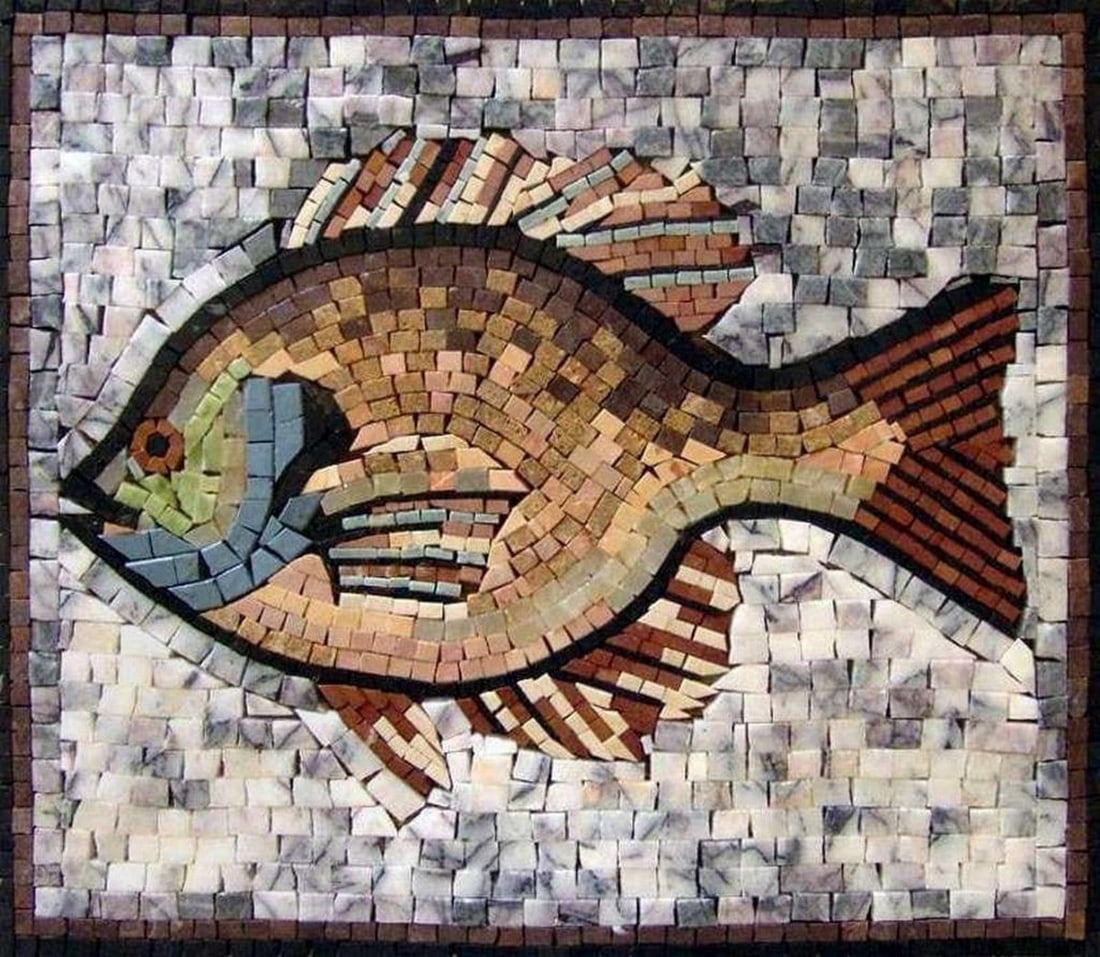 Cute Fish Marble Mosaic: Cute Fish Marble Mosaic A handcrafted mosaic design made from natural stone. The piece features a fish motif created by carefully cutting and arranging individual stone tiles, resulting in a detailed