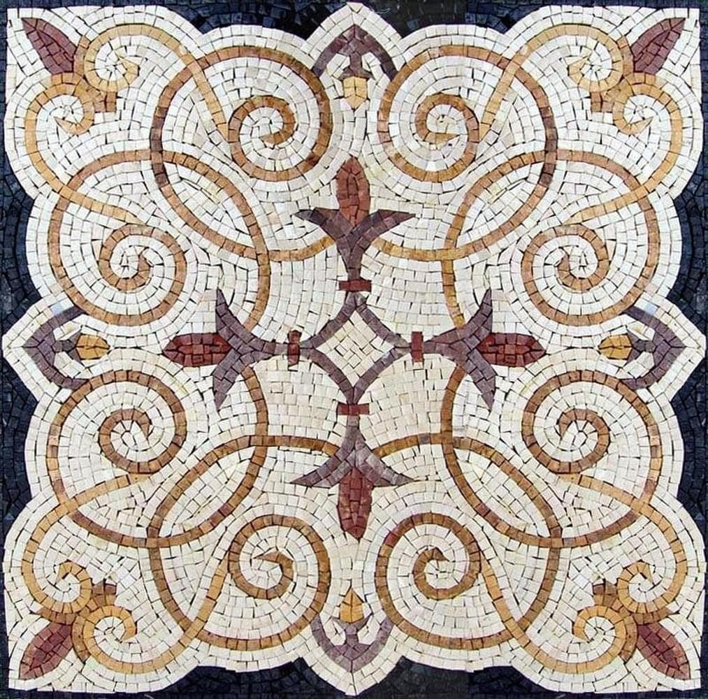 Lis de Jardin Square Mosaic: Lis de Jardin Square Mosaic A handcrafted mosaic design made from natural stone. The piece features a floral-inspired motif created by carefully cutting and arranging individual stone tiles, resulting