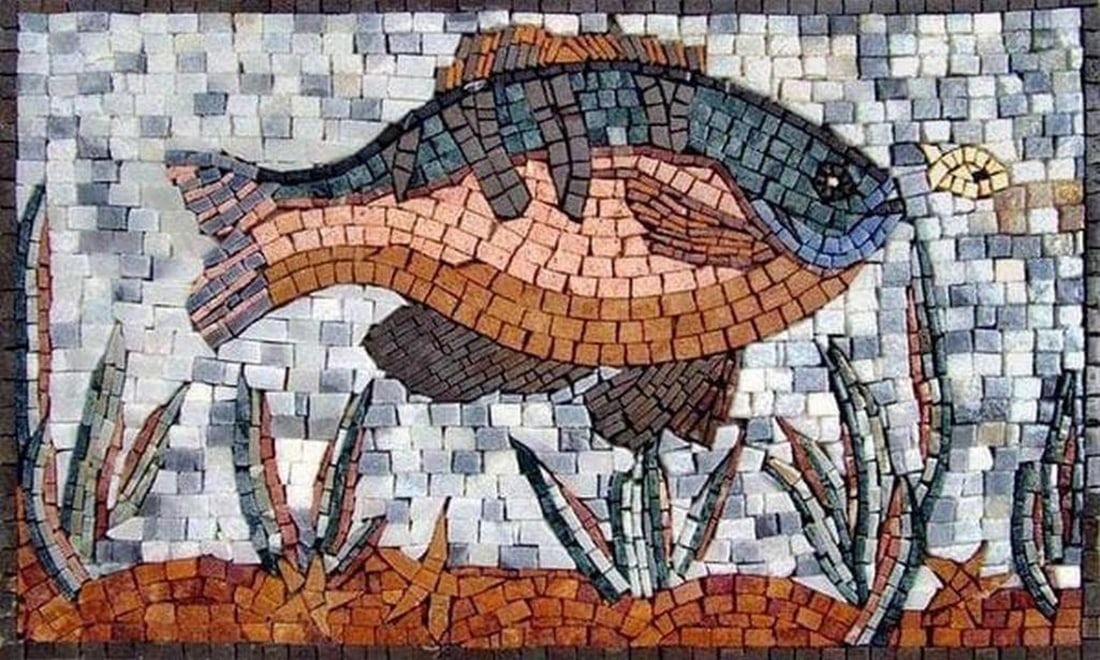 Earth-Toned Fish Mosaic: Earth-Toned Fish Mosaic A handcrafted mosaic design made from natural stone. The piece depicts a fish positioned near the top, complemented by algae details near the bottom. Individual stone tiles are