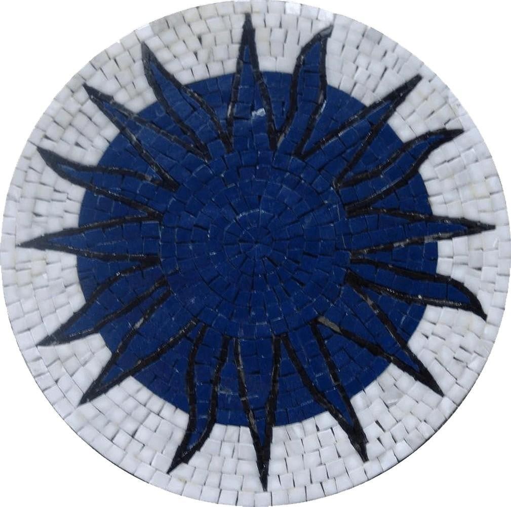 Sun Mosaic: Sun Mosaic A handcrafted mosaic design made from natural stone. The piece features a sun motif formed by precisely cutting and arranging individual stone tiles, resulting in a textured and detailed su