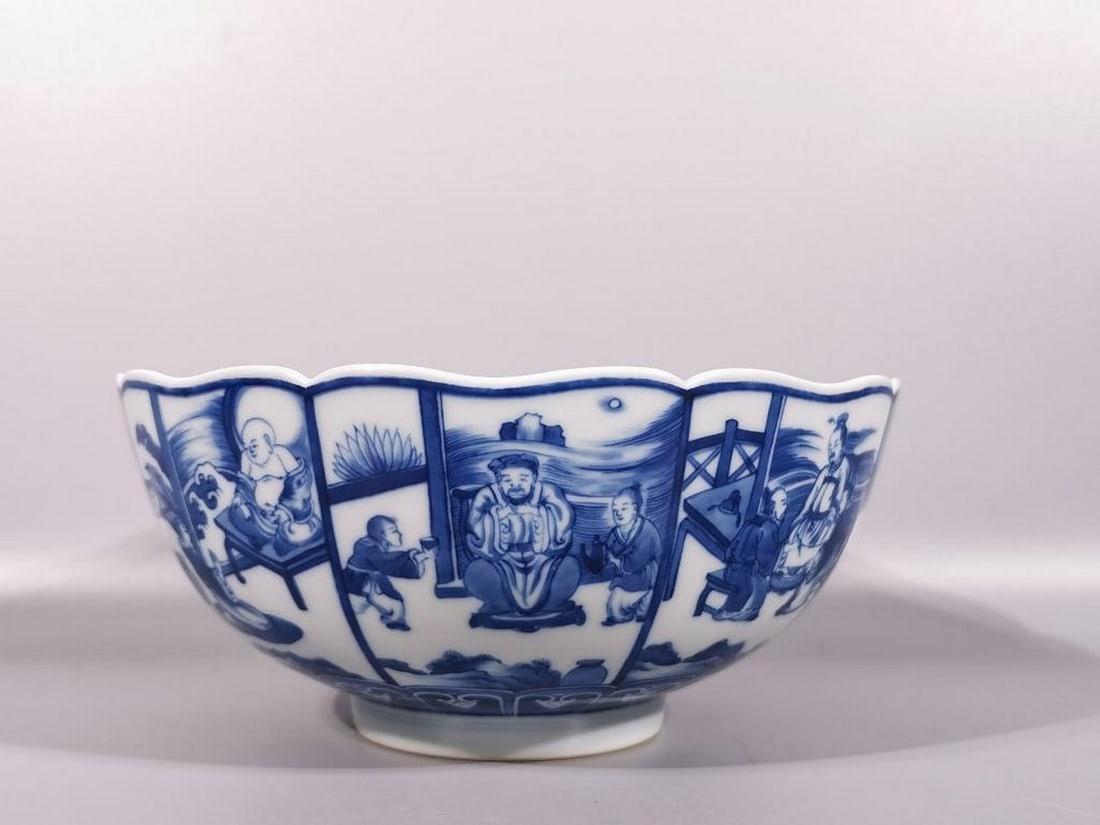 Qing Dynasty Kangxi Blue and White Window Character Story Picture Bowl (1 of 9)