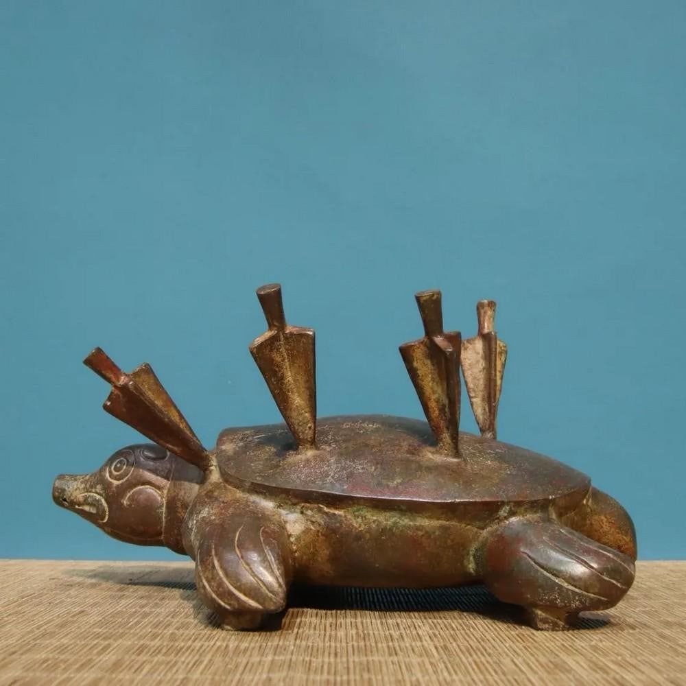 Antique Chinese Bronze Inscribed Turtle Sword Statue Ornament (1 of 8)
