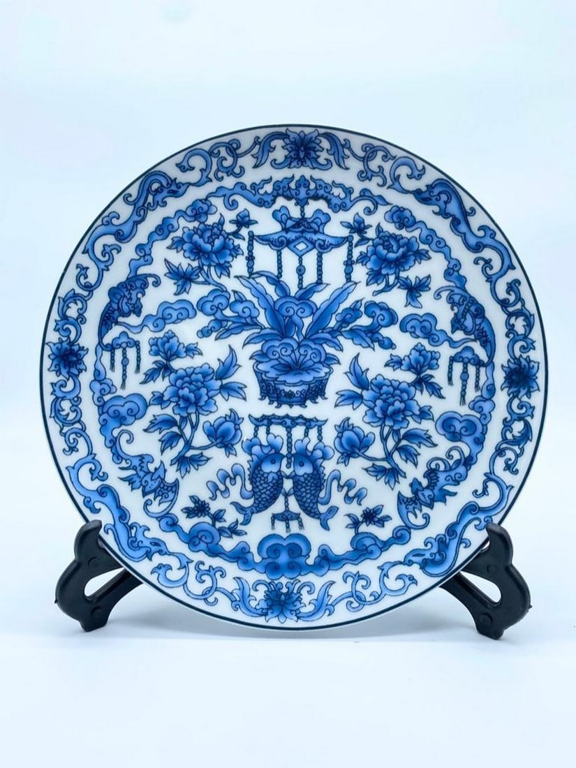 Chinese Blue and White Porcelain Plate, Hand-painted with Qing Dynasty Qianlong Mark (1 of 3)