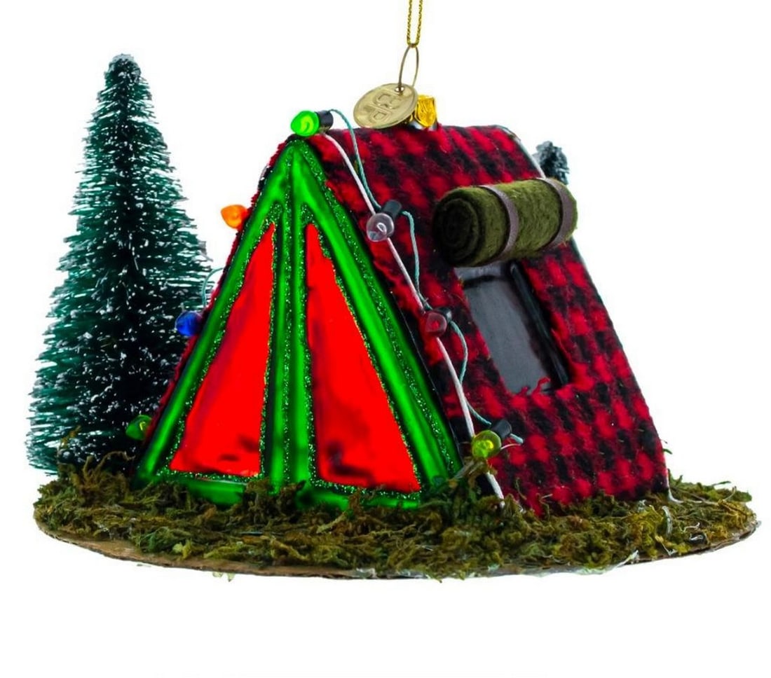 Camp Out In the Wilderness Glass Christmas Ornament: Camp Out In the Wilderness Glass Christmas Ornament This Christmas ornament captures the love of the outdoors. Featuring a plaid flannel tent set up on the grass. This is the perfect ornament for thos