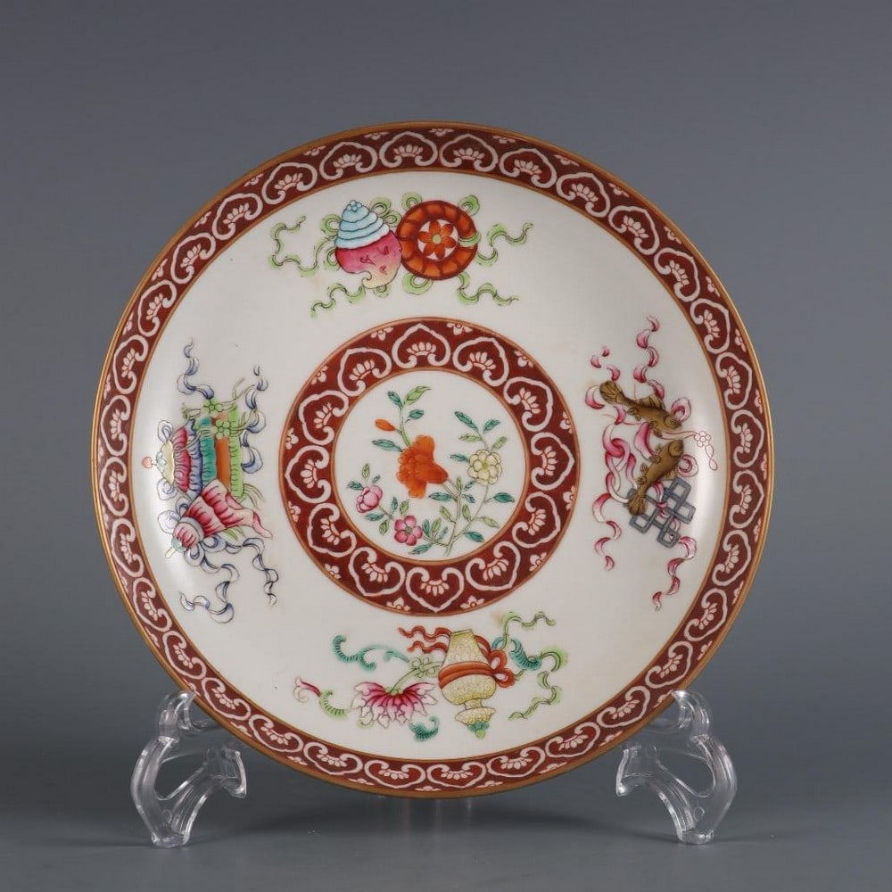 Qing Daoguang Inspired Famille Rose Eight Treasures Floral Appreciation Plate (1 of 9)