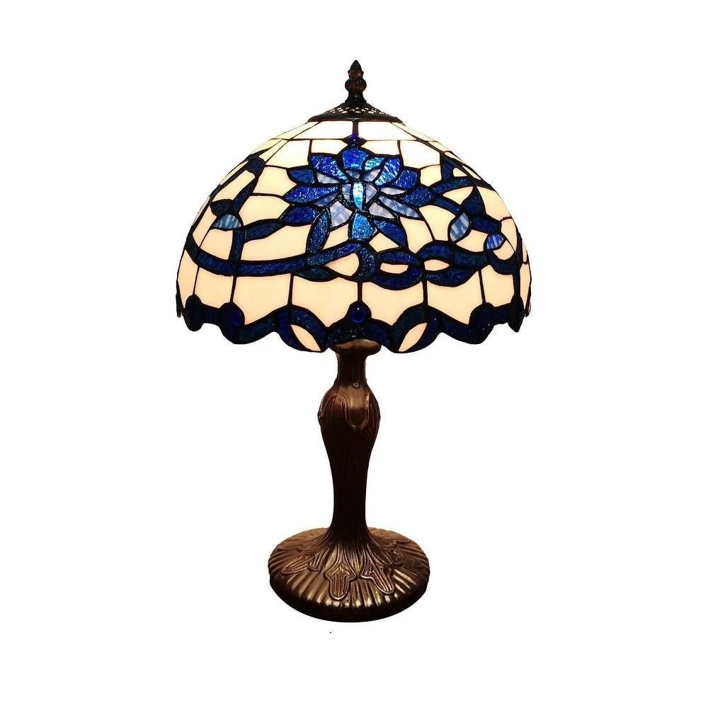 Blue & White Floral Stained Glass Tiffany-Style Table Lamp (1 of 3)