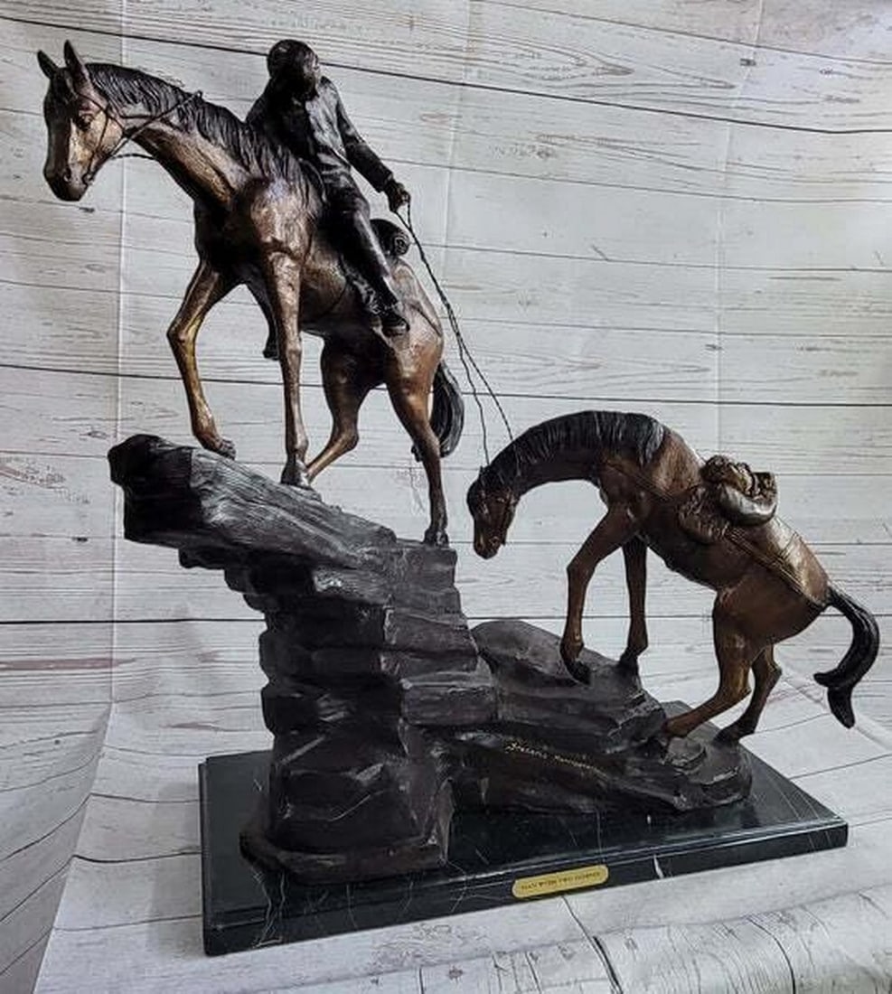 Western American Cowboy Pulling Two Horses Bronze Statue - 26" x 28" (1 of 6)