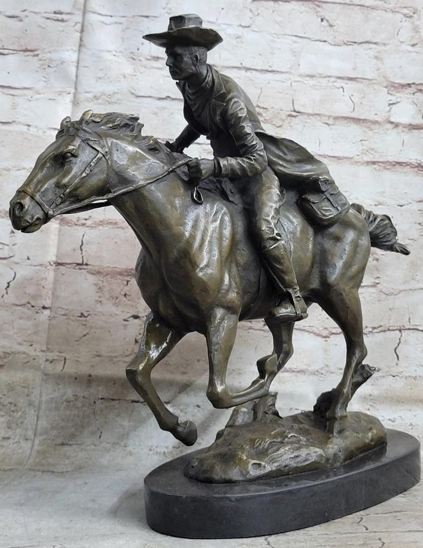 Wild West Americana Classic Cowboy Bronze Art Sculpture on Marble Base by F. Remington - 14" x 17" (1 of 8)