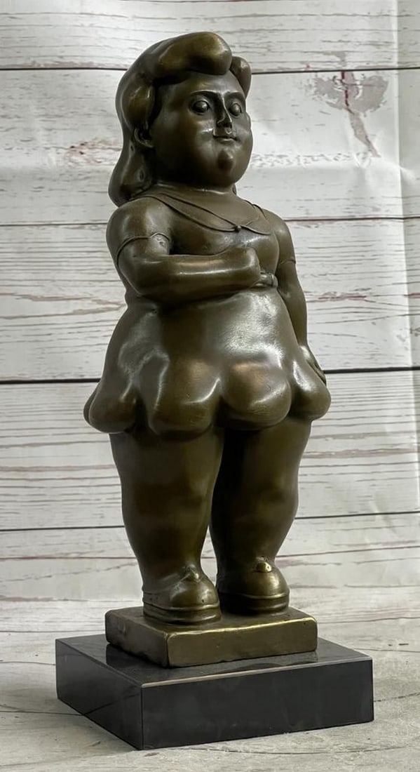Botero's Curvaceous Young Woman Modern Art Bronze Sculpture on Marble Base - 13" x 4.5"