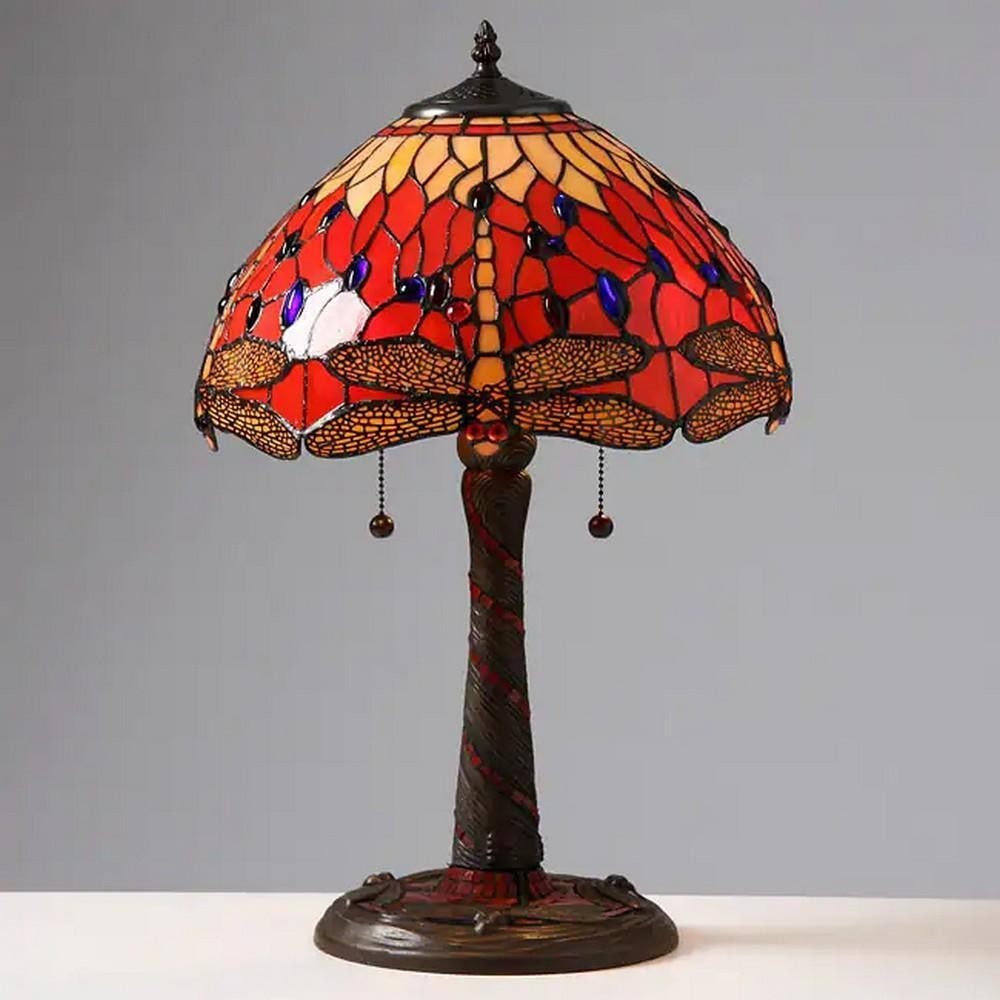 Tiffany-Inspired Red Dragonfly Mosaic Table Lamp: Tiffany-Inspired Red Dragonfly Mosaic Table Lamp This elegant Tiffany-style table lamp features a beautifully detailed dragonfly shade crafted from hand-cut stained glass pieces, each wrapped in fine
