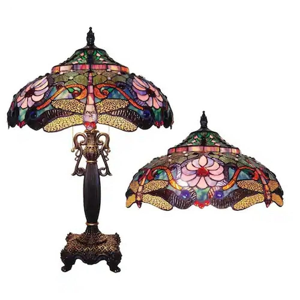 Bronze Dragonfly Tiffany-Style Table Lamp: Bronze Dragonfly Tiffany-Style Table Lamp This Bronze Dragonfly Tiffany-Style Table Lamp features a stunning stained glass shade with intricate dragonfly patterns in shades of blue, purple, red, and
