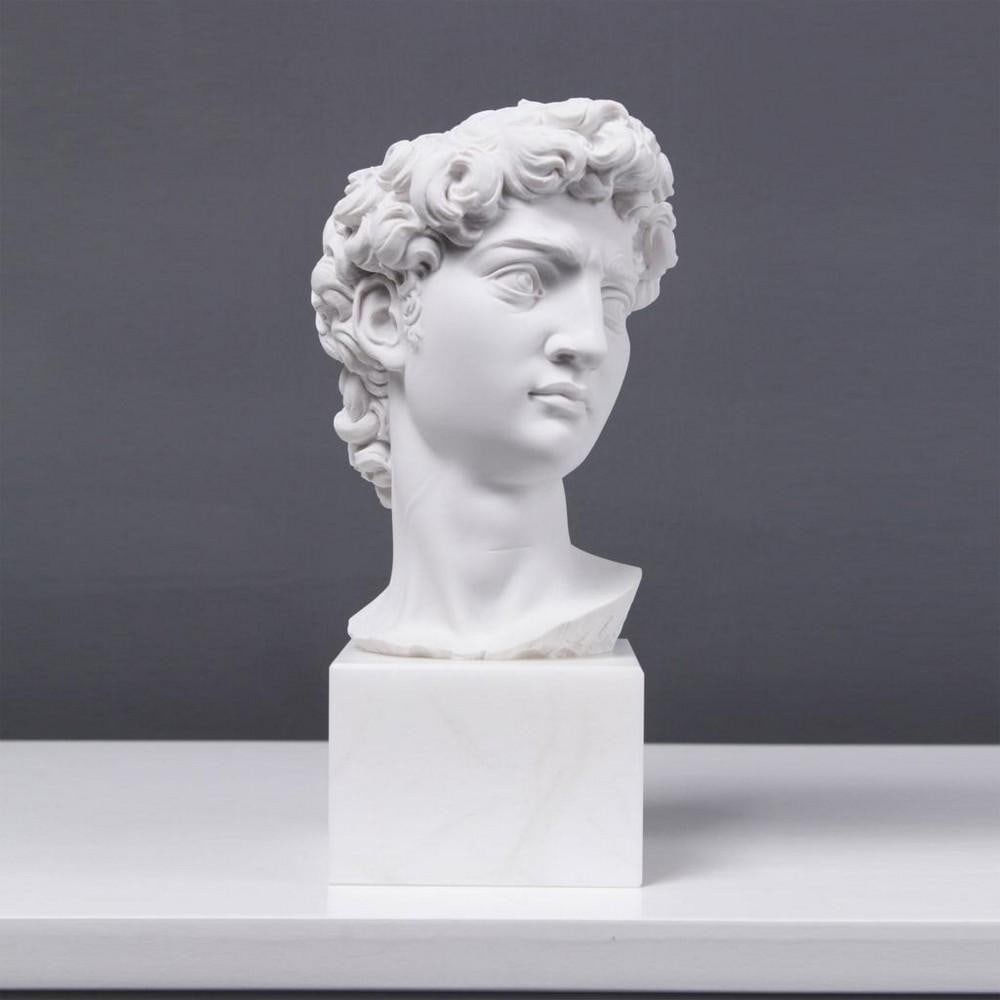 Italian Bust After Michelangelo's "David" Bust White Carrara Marble Sculpture - (4.6lbs) (1 of 3)