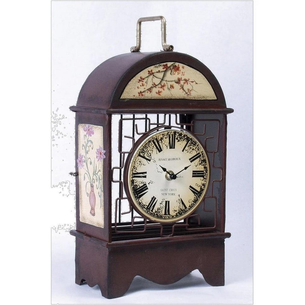 Analog Metal Quartz Tabletop Clock: Analog Metal Quartz Tabletop Clock Furnish your console tables with this classic analog metal tabletop clock, featuring vintage-inspired Roman numerals and hand-painted floral details on the front and