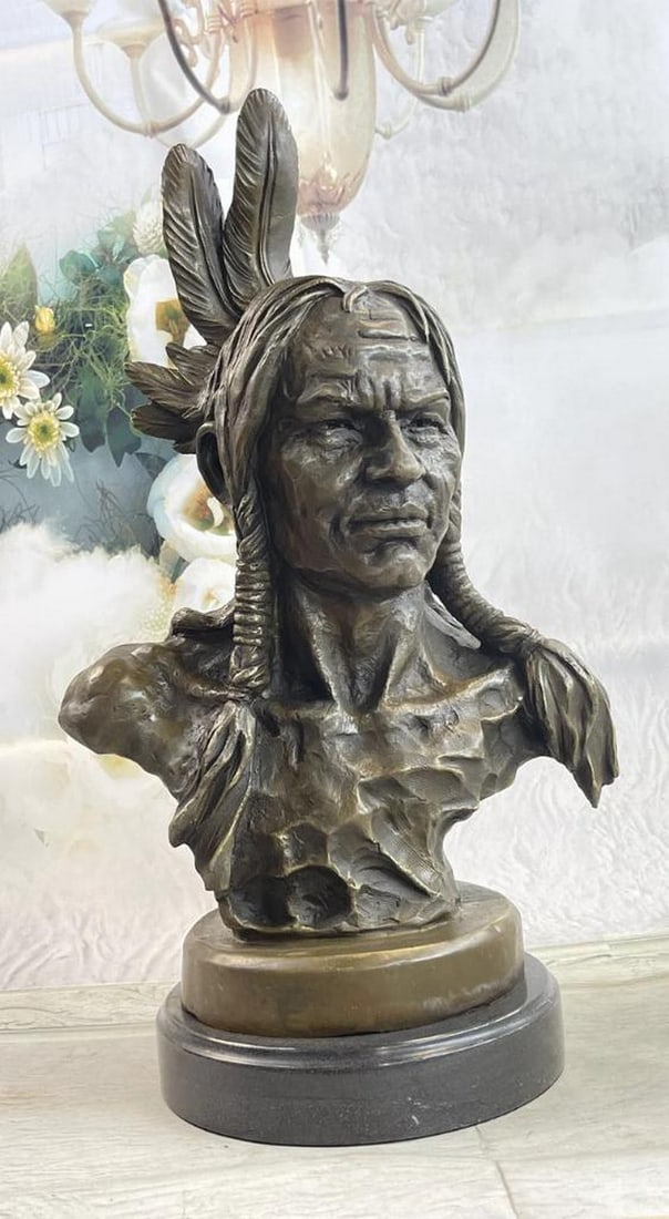 Spirit of the Warrior Bronze Bust Sculpture of Native American Warrior Chief by Fisher - 20" x 11": Spirit of the Warrior Bronze Bust Sculpture of Native American Warrior Chief by Fisher - 20" x 11" This exquisite bronze bust intricately captures the indomitable spirit of a Native American w