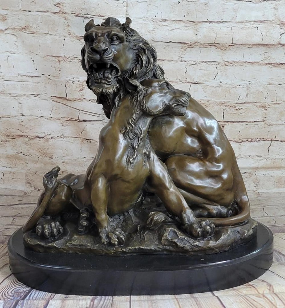 Barye Inspired Necking Lions Bronze Sculpture On Marble Base - 15" x 16" (1 of 8)