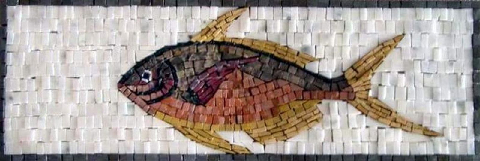 Underwater Fish Mosaic Border: Underwater Fish Mosaic Border A handcrafted mosaic made from natural stone, featuring intricately designed tiles that form a vibrant underwater scene with fish and marine motifs. The border combines t
