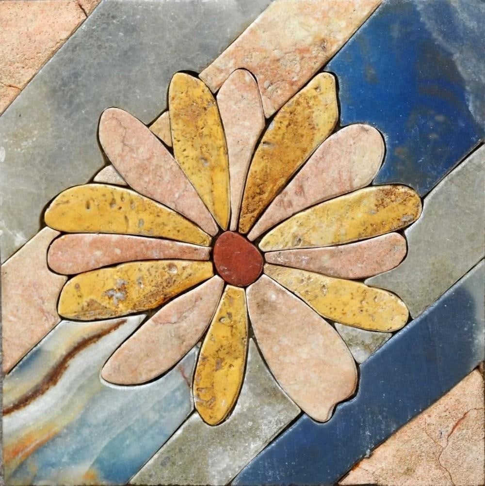 Floral Harmony Mosaic: Floral Harmony Mosaic A handcrafted mosaic artwork made from natural stone. The design features daisies set against a contrasting background, created with carefully cut and arranged stone tiles. The f