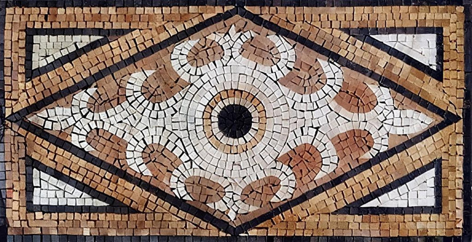 Brescia Decorative Mosaic Floor Tile: Brescia Decorative Mosaic Floor Tile A handcrafted natural stone mosaic tile featuring a diamond-shaped center and a geometric pattern. The piece highlights warm, earthy tones and detailed textures, c