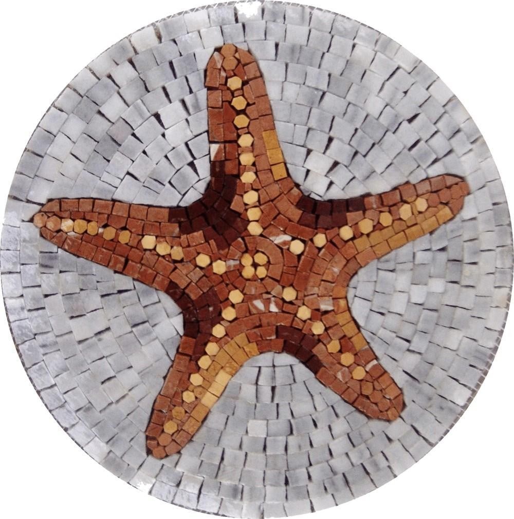 Starfish Marble Mosaic: Starfish Marble Mosaic A handcrafted mosaic design made from natural stone. The piece features a starfish motif created by carefully cutting and arranging individual stone tiles, resulting in a textur