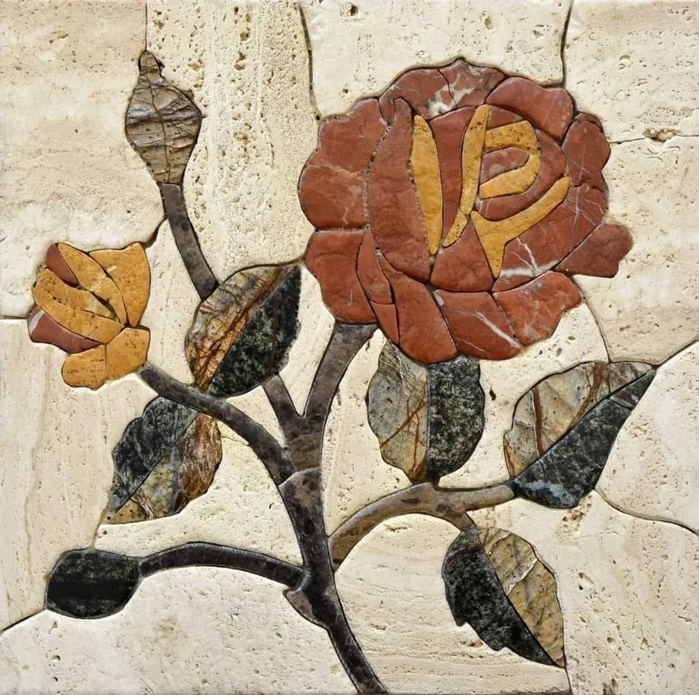 Flora From The Twig Mosaic: Flora From The Twig Mosaic A handcrafted mosaic design made from natural stone. The piece features a floral motif created by carefully cutting and arranging individual stone tiles, resulting in a deta