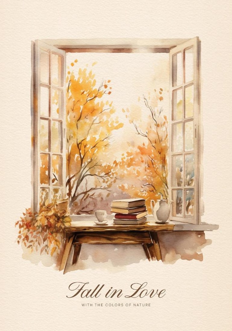 Autumn Window View Poster Print: Autumn Window View Poster Print A cozy autumn poster depicting orange and yellow trees seen through an open window. A teacup, books, and scattered leaves rest on a wooden table, accompanied by the te