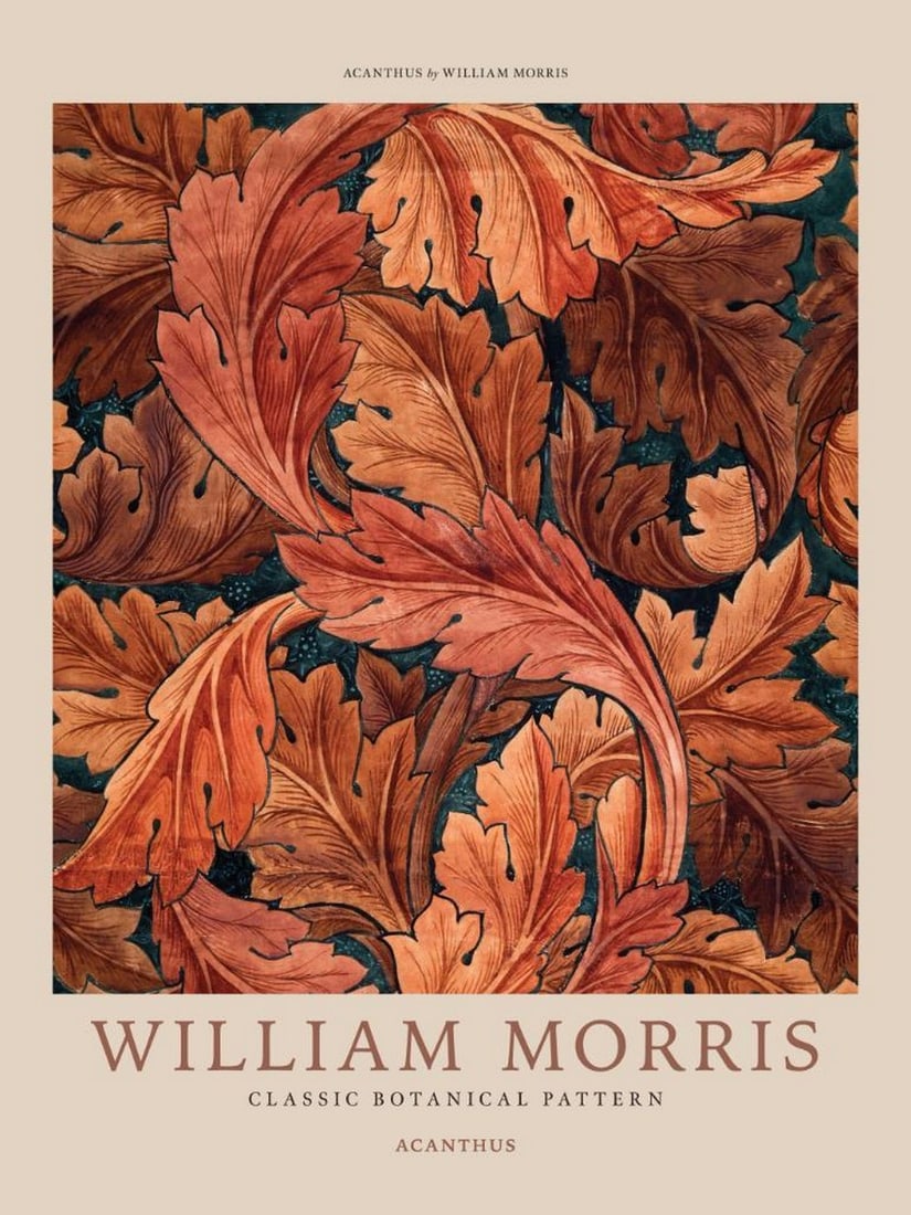 William Morris Acanthus Print Poster: William Morris Acanthus Print Poster A detailed botanical print featuring swirling brown and orange leaves set against a dark green and black background. This classic William Morris design showcases