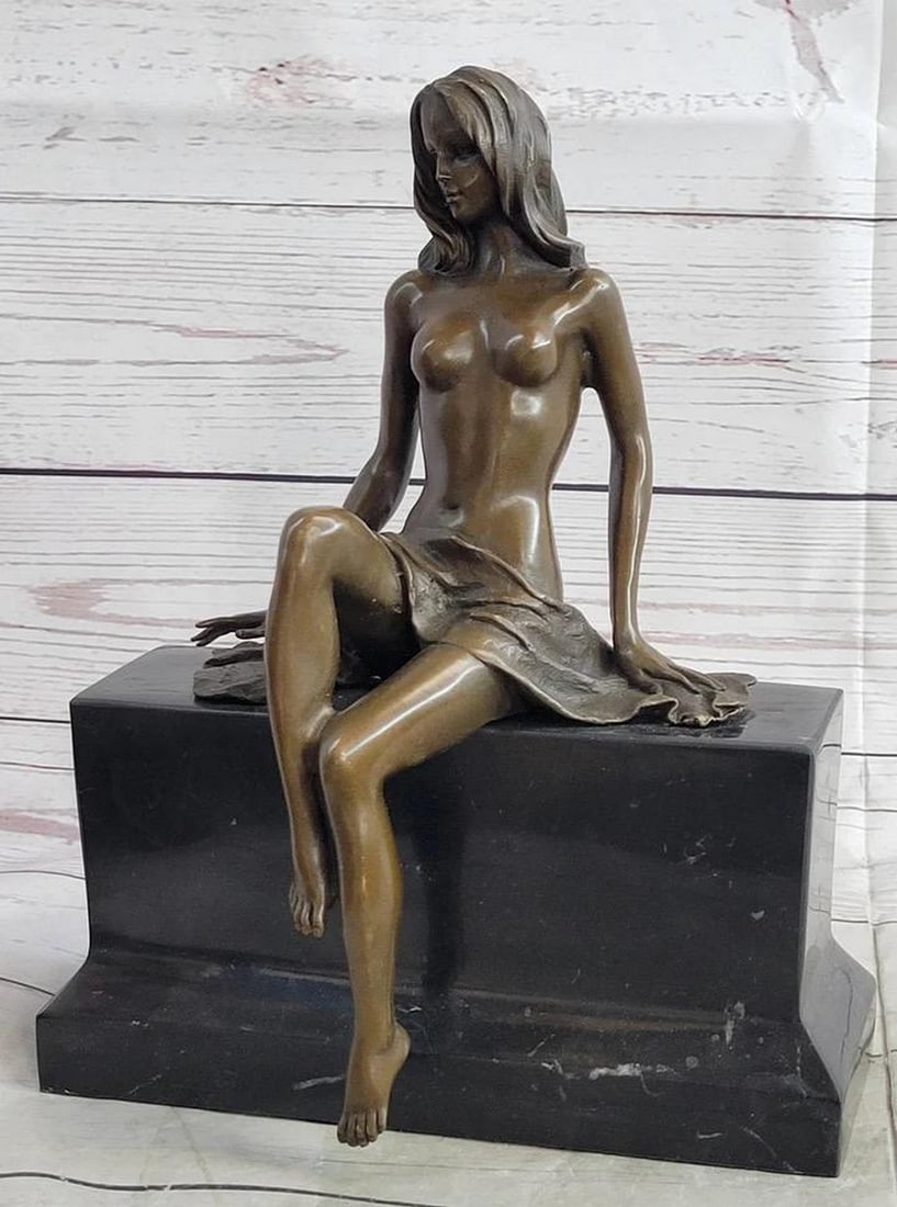 Original Nude Girl Sitting on Black Marble Base Bronze Sculpture - 10.5" x 8" (1 of 6)