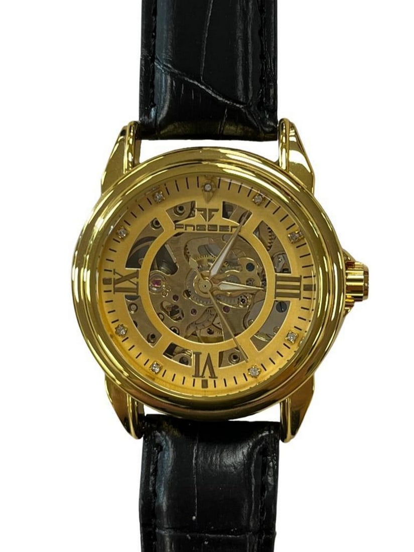Mens Sophisticated Gold Automatic Skeleton Watch With Black Genuine Leather Band (1 of 2)