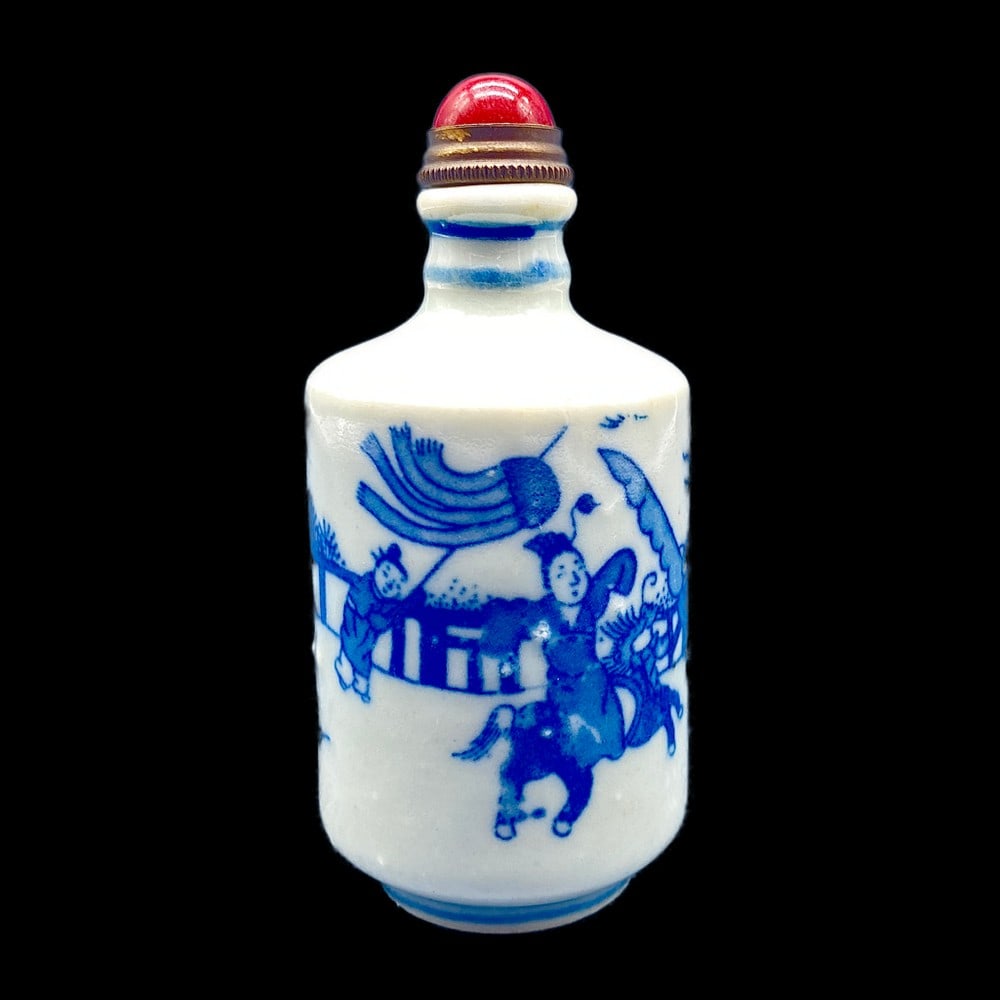 PLAYFUL HANDMADE CHINESE PORCELAIN AND JASPER SNUFF BOTTLE: Playful Handmade Chinese Porcelain And Jasper Snuff Bottle Carefully handmade Chinese porcelain and jasper snuff bottle. Reign signed on the bottom. View photos for further details.