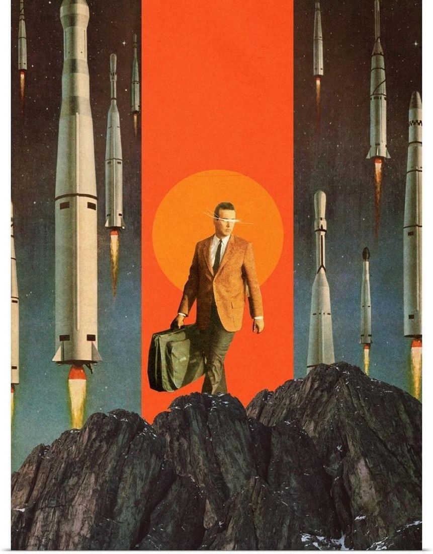 The Departure Vintage Poster Print: The Departure Vintage Poster Print "The Departure" is a striking poster print by Frank Moth that blends surrealism with vivid digital collage. This poster print features a dynamic composition