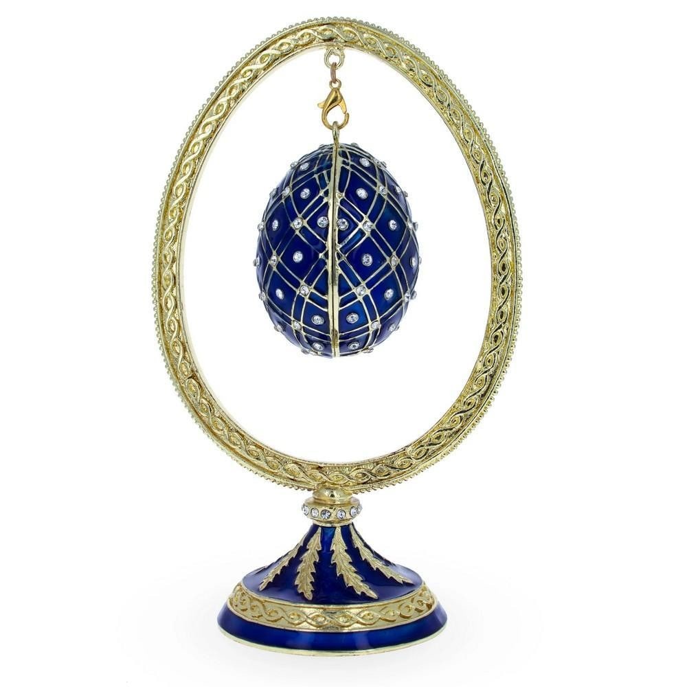 Blue Enamel Jeweled Easter Egg with Egg-Shaped Display Holder (1 of 4)
