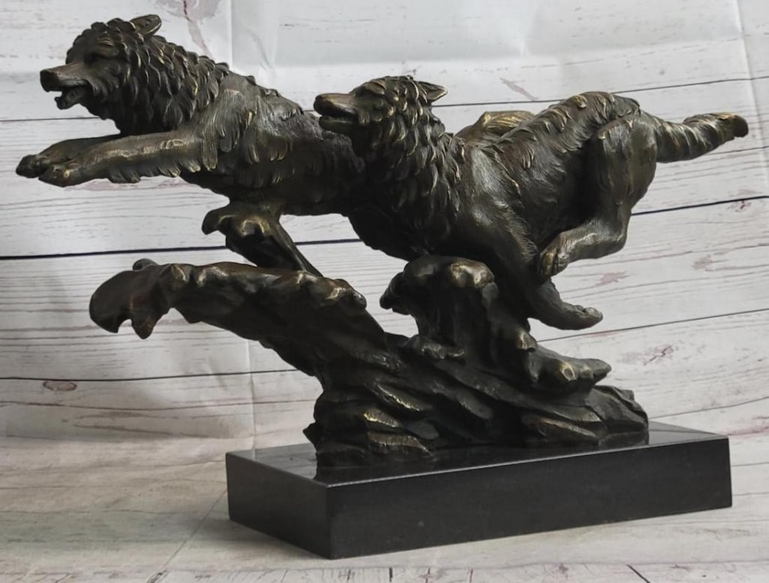 Original Running Wolves Bronze Sculpture On Marble Base - 13" x 18" (1 of 6)
