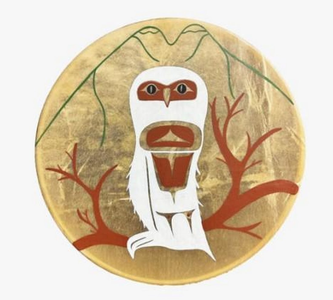 Guardian Of The Night Drum: Guardian Of The Night Drum Handcrafted from natural deer hide and wood, this traditional Indigenous drum carries deep cultural significance. The taut hide produces a resonant, earthy tone, while the