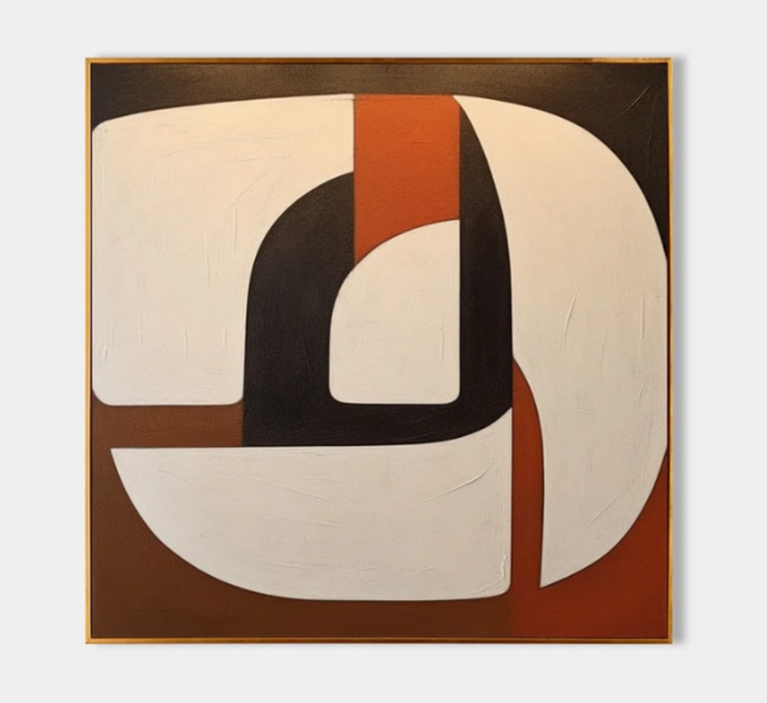 Mid Century Modern Abstract Canvas Painting: Mid Century Modern Abstract Canvas Painting This painting showcases an elegant interplay of geometric forms, where large, curved white shapes intersect with bold black and red accents. The smooth lin