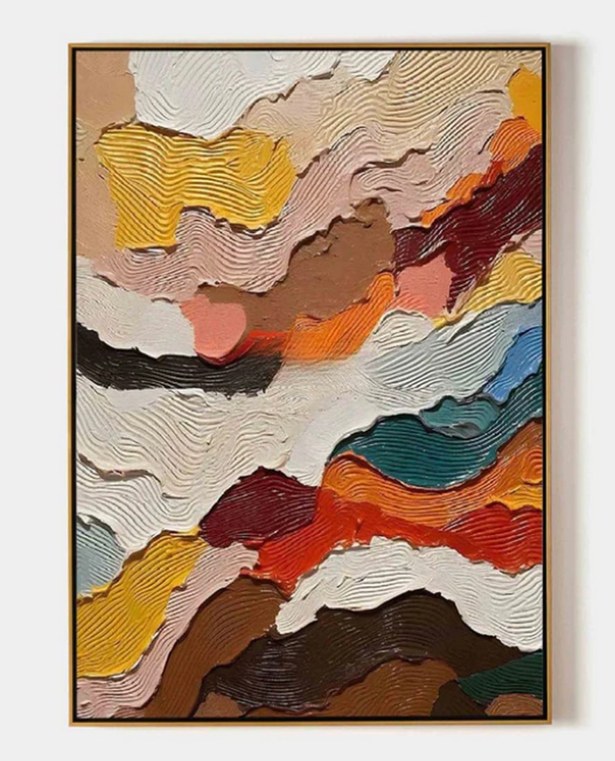 Abstract Landscape in Earth Tones Textured Painting: "Abstract Landscape in Earth Tones" Textured Painting A richly textured abstract painting that blends warm earth tones with vibrant splashes of color. Shades of yellow, brown, orange, red, bl