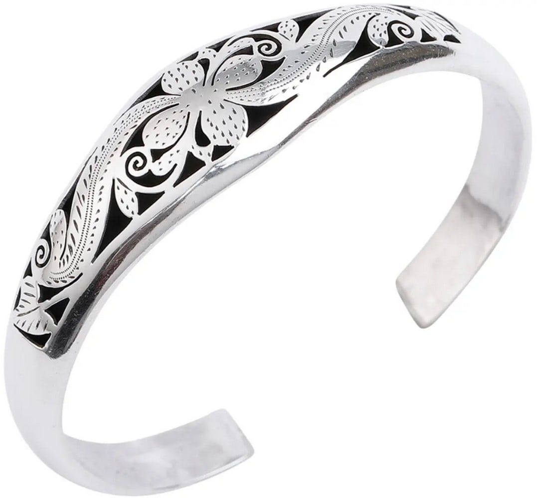 Adjustable Sterling Silver Floral Engraved Cuff Bracelet from Nepal (1 of 2)