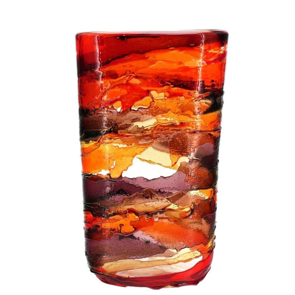 Sbruffi Vase Vesuvio – Murano Glass with Amber, Red & Silver Leaf: Sbruffi Vase Vesuvio – Murano Glass with Amber, Red & Silver Leaf The Sbruffi Vase Vesuvio is a unique Murano masterpiece, handcrafted using the rare Sbruffi technique. Starting with a crystal