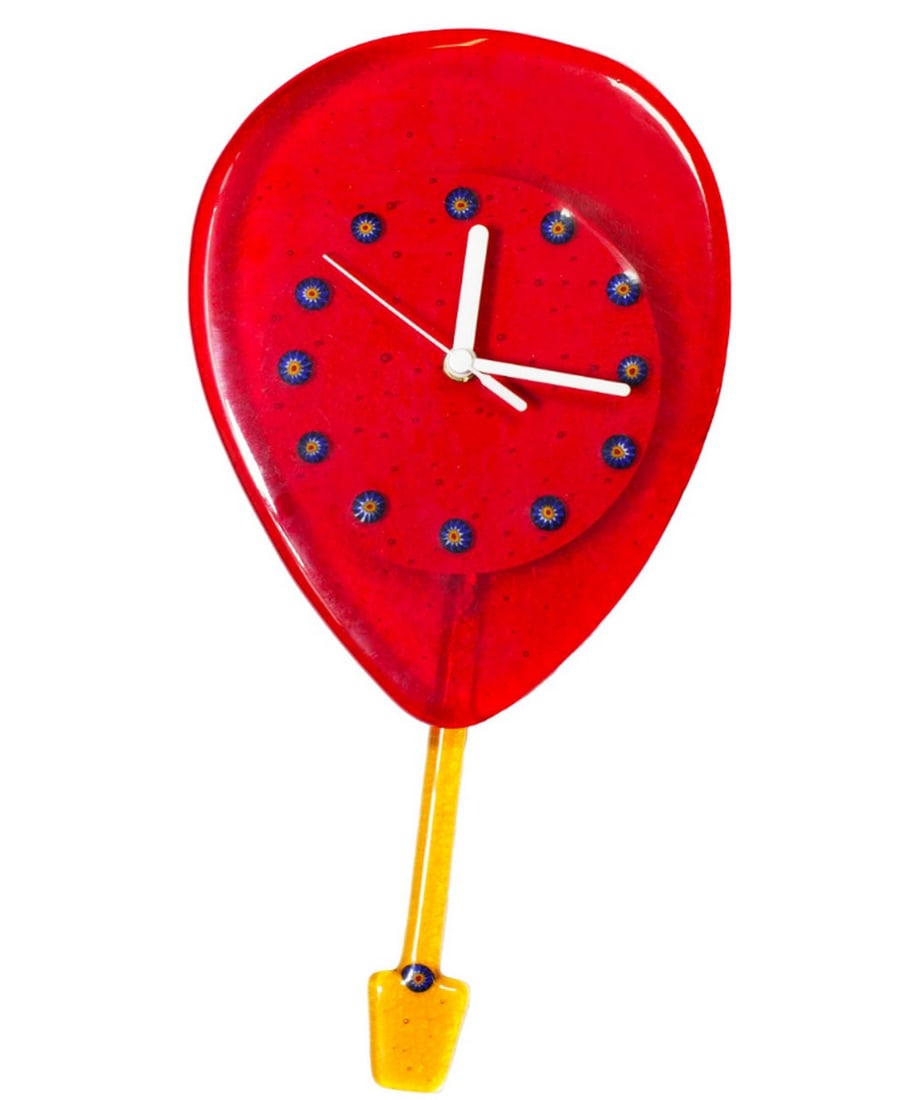 Red Hot Air Balloon Pendulum Wall Clock – Murano Glass: Red Hot Air Balloon Pendulum Wall Clock – Murano Glass This pendulum wall clock is crafted using the glass fusing technique and adorned with millefiori, bringing a cheerful and artistic touch to any