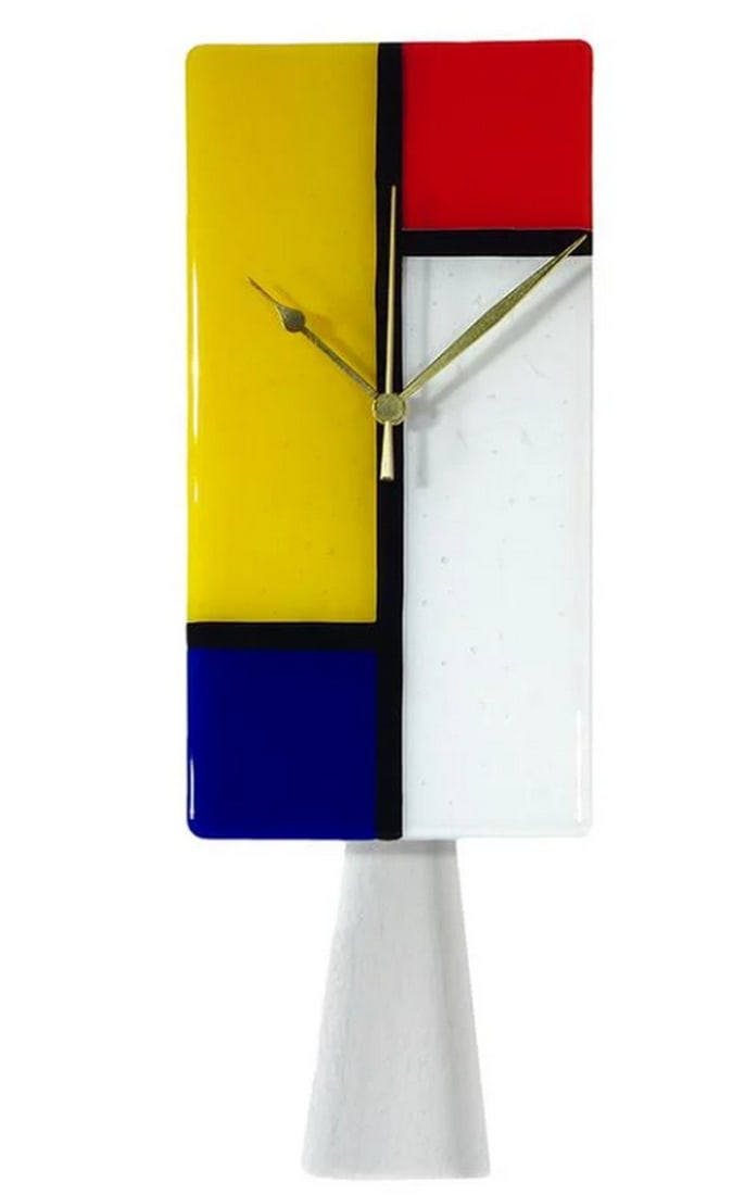 Mondrian Pendulum Wall Clock – Murano Glass: Mondrian Pendulum Wall Clock – Murano Glass This vibrant pendulum wall clock is crafted using the glass fusing technique, inspired by Mondrian's iconic art style. It’s the perfect piece to ad