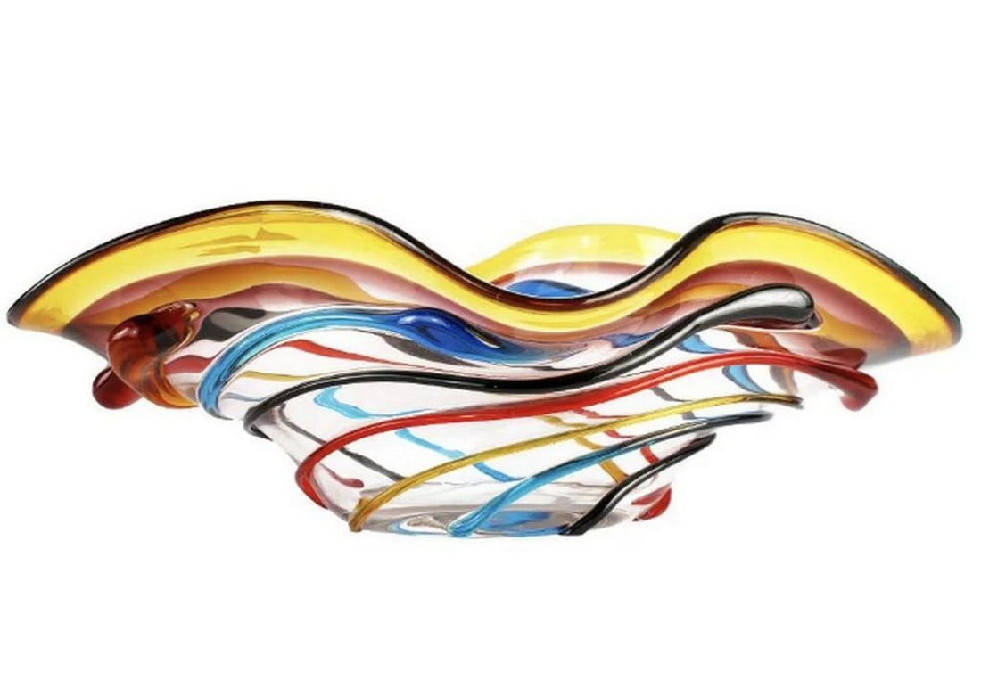 Amber Sombrero Glass Bowl Centerpiece – Venetian Artistry: Amber Sombrero Glass Bowl Centerpiece – Venetian Artistry Hand-blown centerpiece in amber glass featuring vibrant multicolored stripes. This bowl showcases a unique technique from Murano,