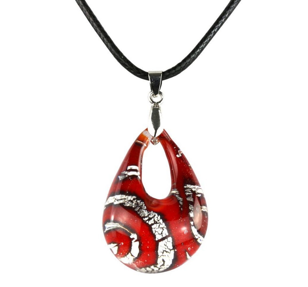 Red and Silver Toned Murano Glass Drop Pendant: Red and Silver Toned Murano Glass Drop Pendant Glass pendant hand made with aventurine glass decoration which gives this necklace both elegance and preciosity. Amazing colored affects and