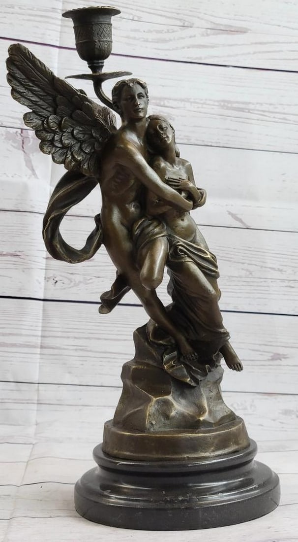 Eros and Psyche Romantic Candle Holder Bronze Sculpture - 14" x 6": Eros and Psyche Romantic Candle Holder Bronze Sculpture - 14" x 6" A nude male angel carries a nude girl and in his arms. The girl clutches her bare chest as she head tilts up to her lover and