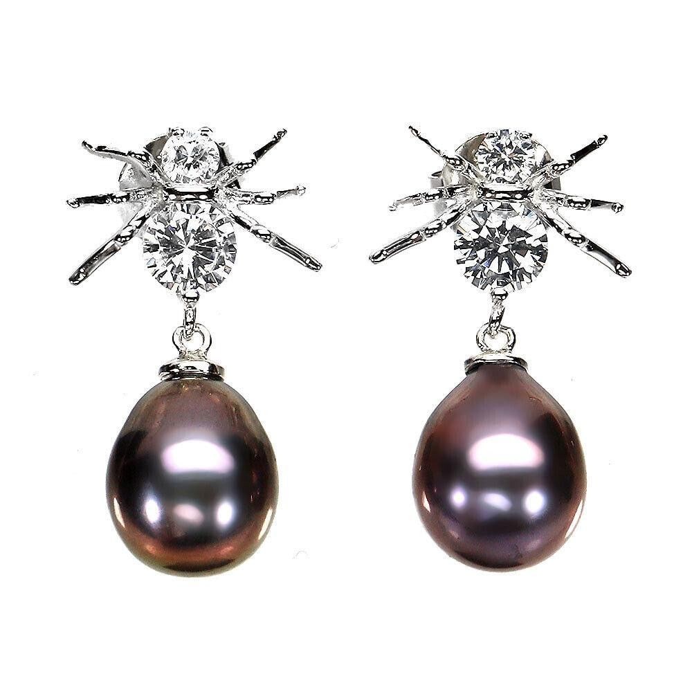 925 Sterling Silver Baroque Black Pearl Drop Earrings with CZ Gemstone (1 of 3)